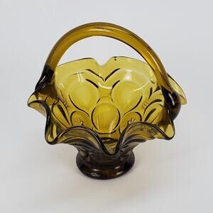 Amber Pressed Glass Bride Basket/Candy Dish with Applied Handle Base